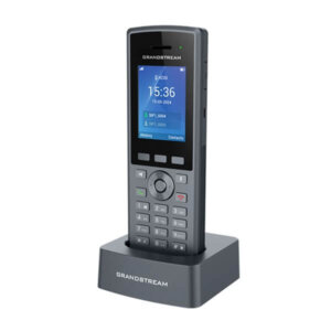 Wireless IP Phone::A sleek Grandstream wireless IP phone with a charging dock, displaying the time and contact options on its screen.