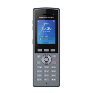 A sleek, modern cordless VoIP phone featuring a digital display, keypad, and contact options.