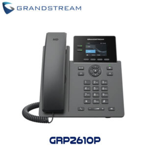 A sleek Grandstream GRP2610P VoIP phone featuring a digital display, keypad, and a modern design for efficient communication.