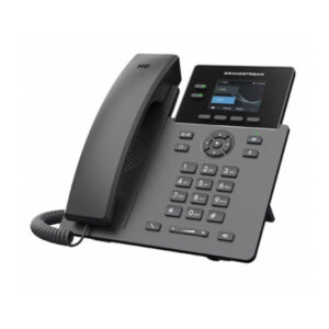 A sleek VoIP desktop phone with a digital display, numeric keypad, and a handset, designed for high-definition voice calls.