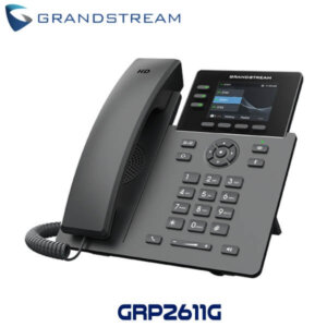 A sleek and modern Grandstream GRP2611G desk phone featuring a digital display, keypad, and HD audio quality.