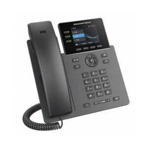 A sleek Grandstream VoIP phone featuring a digital display, keypad, and traditional handset for seamless communication.