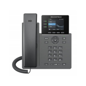 A sleek black VoIP phone with a digital display and traditional handset, featuring an array of buttons for dialing and navigation.