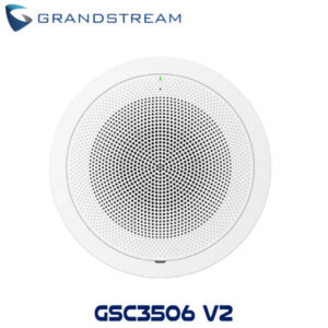 Image of the Grandstream GSC3506 V2 ceiling speaker featuring a circular design with a mesh grill and a green indicator light.