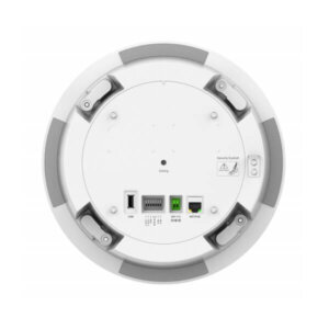 Underside view of a security camera base featuring USB, Ethernet, and network connection ports.