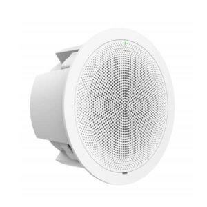 A sleek white ceiling speaker designed for optimal sound distribution, featuring a minimalist aesthetic and ventilation holes for enhanced audio quality.