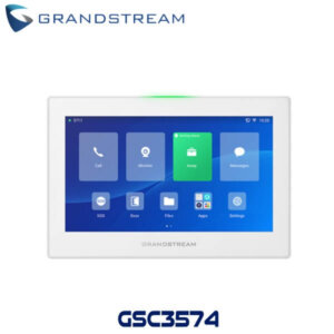 A touchscreen intercom device featuring call, monitor, away, and messaging options with a sleek design and user-friendly interface.