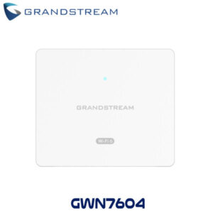 A sleek white Wi-Fi 6 access point from Grandstream, featuring a blue LED indicator and model number GWN7604 prominently displayed.