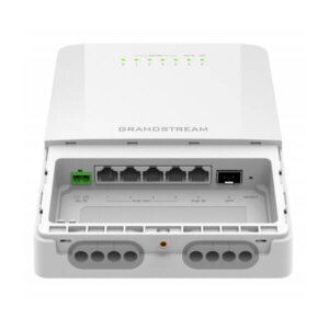 Image of a Grandstream network switch showing multiple Ethernet ports and indicators on the top.