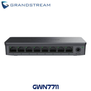 An 8-port gigabit switch from Grandstream, featuring LED indicators for connection status and a sleek design.