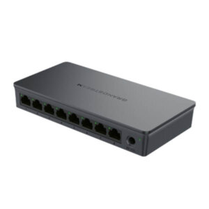 A sleek black Ethernet switch featuring eight network ports and LED indicators, designed for efficient network connectivity.