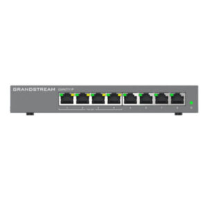 Gray network switch with multiple Ethernet ports for connectivity and power over Ethernet (PoE) capabilities.