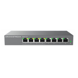 A grey network switch featuring multiple Ethernet ports, designed for efficient connectivity and power over Ethernet (PoE) support.