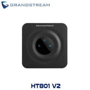 A top-down view of the Grandstream HT801 V2 VoIP adapter featuring a power and network indicator along with minimalist design elements.