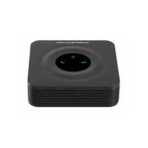 A sleek black Grandstream device with a circular control interface featuring call and network indicators.