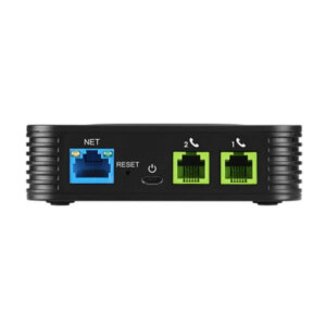 Network Interface Device::A black network interface device featuring a blue Ethernet port, a reset button, a USB port, and two green telephone ports.