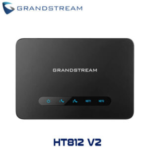 A sleek, black Grandstream HT812 V2 VoIP adapter featuring a user-friendly interface with LED indicator lights.