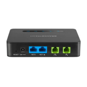 A sleek black router with multiple Ethernet ports and indicator lights on top, showing connectivity options like NET1, NET2, and reset functionality.