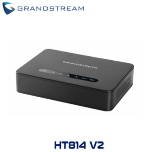 A sleek black Grandstream HT814 V2 VoIP adapter with LED indicators on top, designed for seamless voice over IP communication.