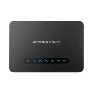 Grandstream Voice Gateway Model::Black Grandstream voice gateway featuring LED indicator lights for power and network status.