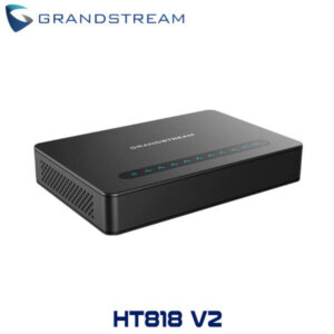 A sleek black VoIP adapter with the Grandstream logo and LED indicator lights on the front.