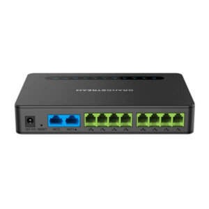 Network Switch Device::A modern network switch featuring multiple Ethernet ports, including blue and green interfaces, designed for efficient data transmission and connectivity.