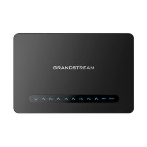 A sleek black Grandstream VoIP router featuring indicator lights for power and network status.