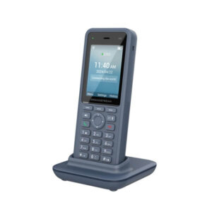 A gray wireless VoIP desk phone with a numeric keypad and a digital display showing the time and date.