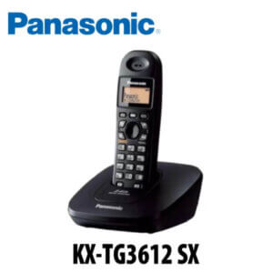 A sleek black cordless phone model KX-TG3612 SX sitting on its charging base, showcasing an ergonomic design and clear display.