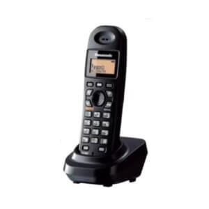 A black Panasonic cordless phone resting on its charging base, featuring a digital display and keypad.