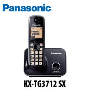 A sleek black Panasonic cordless phone model KX-TG3712 SX, displayed on its charging base, featuring a digital screen and keypad.