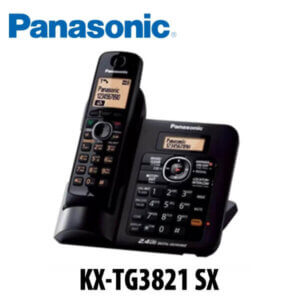 Image of Panasonic KX-TG3821 SX cordless phone with base station and display screens.