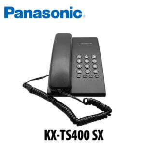 A black Panasonic landline phone model KX-TS400 SX with a coiled cord and numeric keypad.