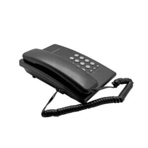 A classic black landline phone with a coiled cord and keypad, featuring a traditional design for communication.