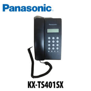 A black Panasonic KX-TS401SX desk phone featuring a keypad and an LCD display, accompanied by a coiled cord.