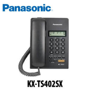 A black fixed-line telephone with a numeric keypad and LCD display, featuring a coiled handset cord.