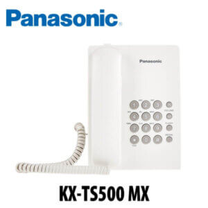 White corded phone with numeric keypad and volume control, featuring the Panasonic logo.