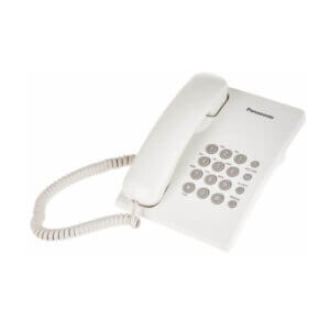 A Panasonic white wired telephone featuring a sleek design, keypad, and coiled cord, ideal for home or office use.