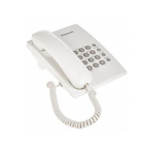 A white Panasonic corded telephone featuring a numeric keypad and a curly handset cord.