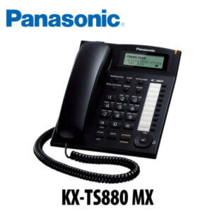 Black landline phone with numeric keypad and LCD display, model KX-TS880 MX by Panasonic.