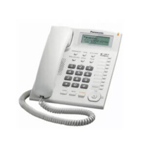 A white Panasonic corded telephone with a numeric keypad and a display screen.