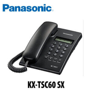 Image of a Panasonic KX-TSC60 SX corded telephone featuring a black body and numeric keypad.