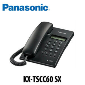 A sleek black Panasonic corded phone featuring a numeric keypad and a display screen, ideal for home or office use.