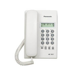 A white Panasonic corded telephone featuring a numerical keypad and a digital display showing the time.