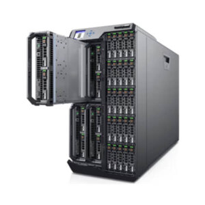 A sleek server rack with an open modular component, showcasing multiple slots and LED indicators for storage drives.