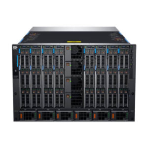 A front view of a Dell EMC server with multiple drive bays and management interfaces.