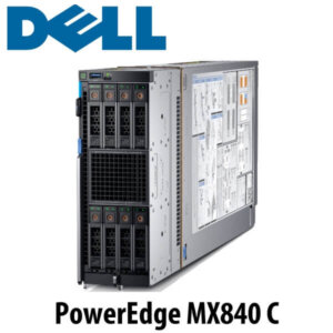 Image of a Dell PowerEdge MX840 C server showcasing its design and features, with a visible logo and technical documentation on the side.