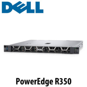 A sleek, 1U rack-mounted server showcasing the Dell logo and model name PowerEdge R350.