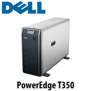 Image of the DELL PowerEdge T350 server featuring a sleek design with a blue front grille and a modern chassis.