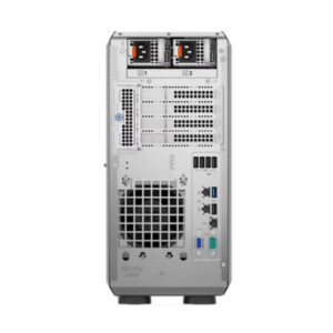 Image showcasing the rear view of a computer tower with multiple ports and cooling elements.